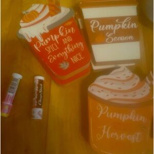 Fall decorations 3 pcs, pumpkin saying on all three.